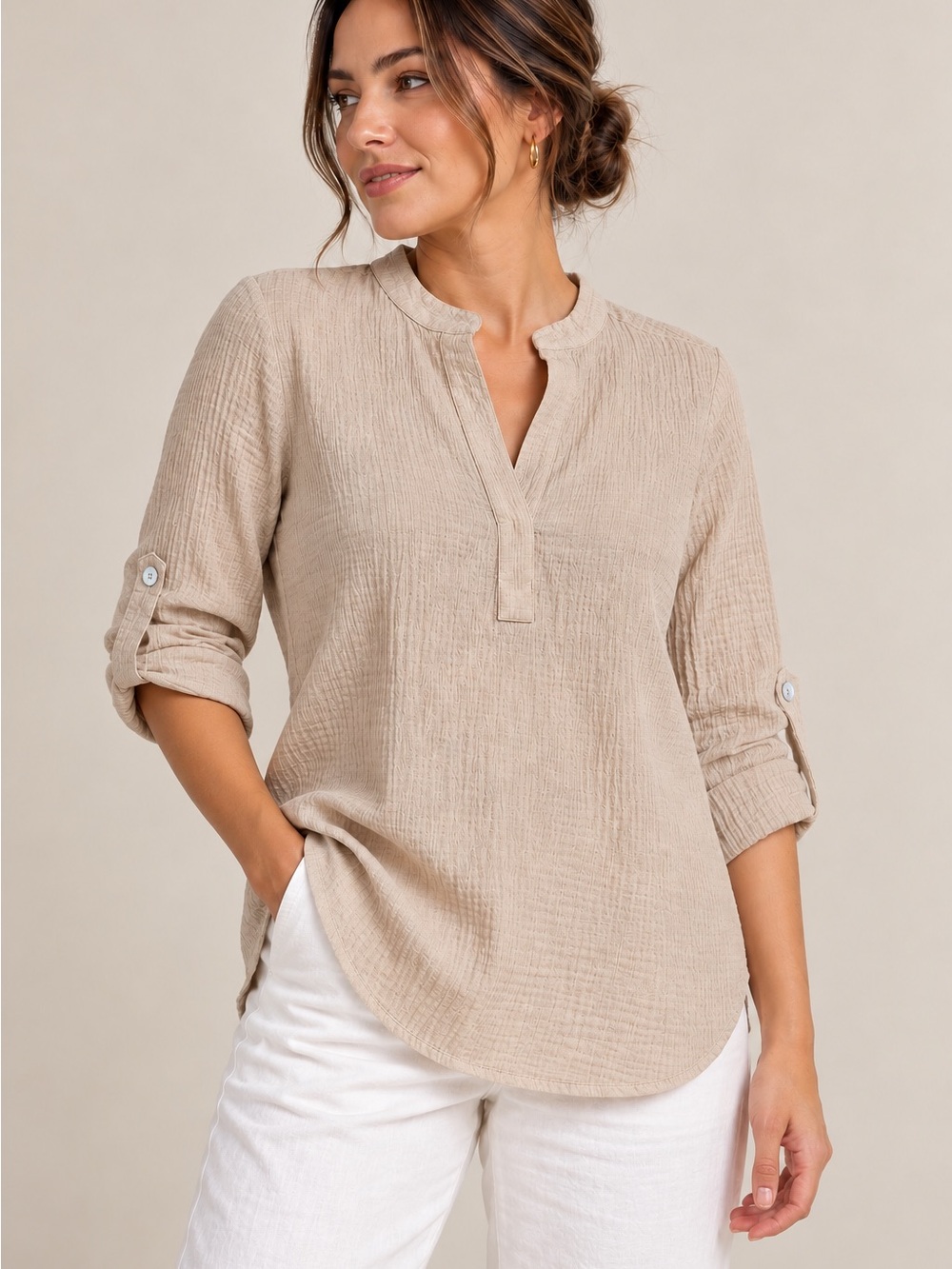 Astr Neutral Beige Gauze Split V Henley Top